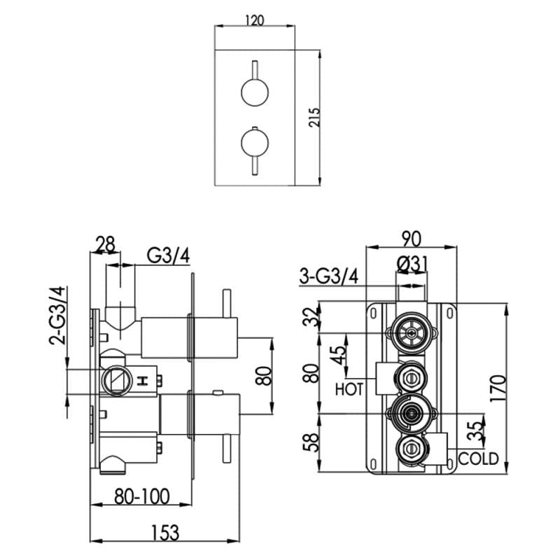 JTP Concealed Shower Valve JTP VOS 1 Outlet, 2 Handle, Concealed Thermostatic Shower Valve