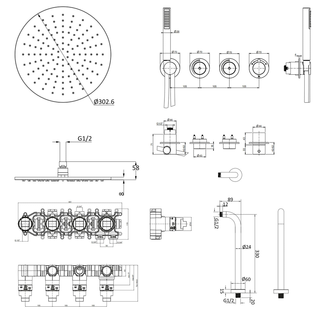 UK Bathroom Store Concealed Shower Set Crosswater Module Shower Set 8 - 2 Outlet with Pencil Handset and Overhead Shower