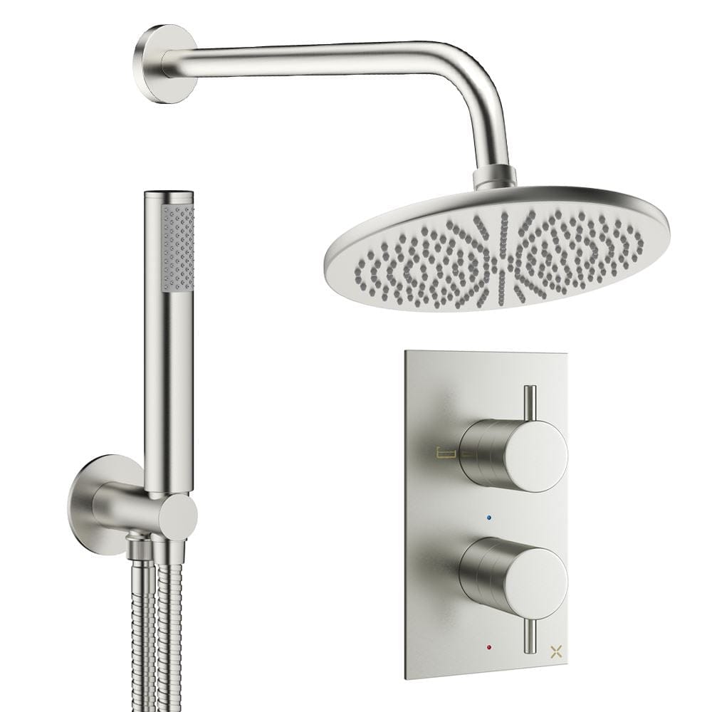 Crosswater Concealed Shower Set Brushed Nickel / Wall Arm / 300mm Crosswater Design 2 Handle 2 Outlet Thermostatic Shower Set with Rainfall Head and Pencil Handset