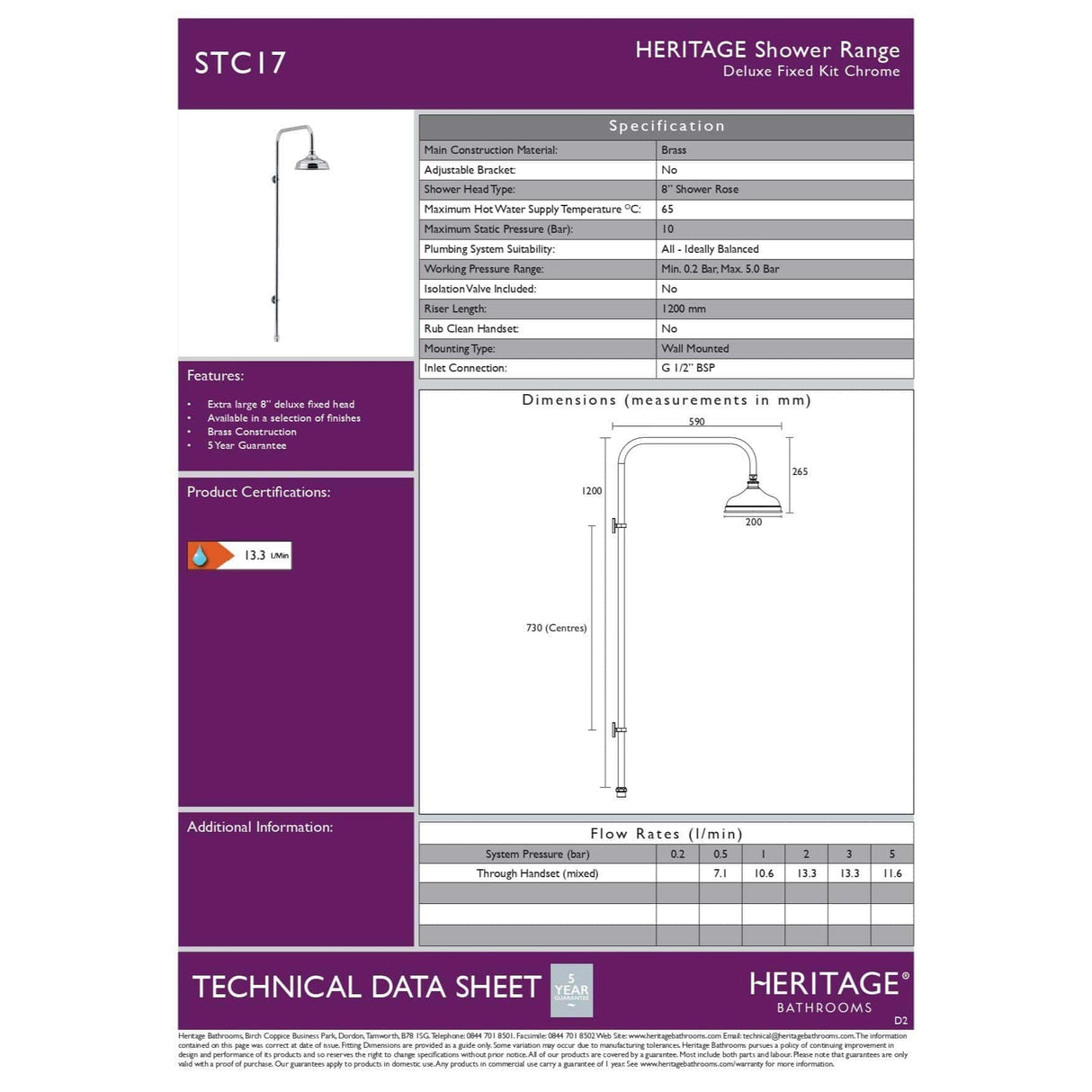 Heritage Shower Riser Rail Heritage Deluxe Fixed Rigid Riser Kit with Shower Head