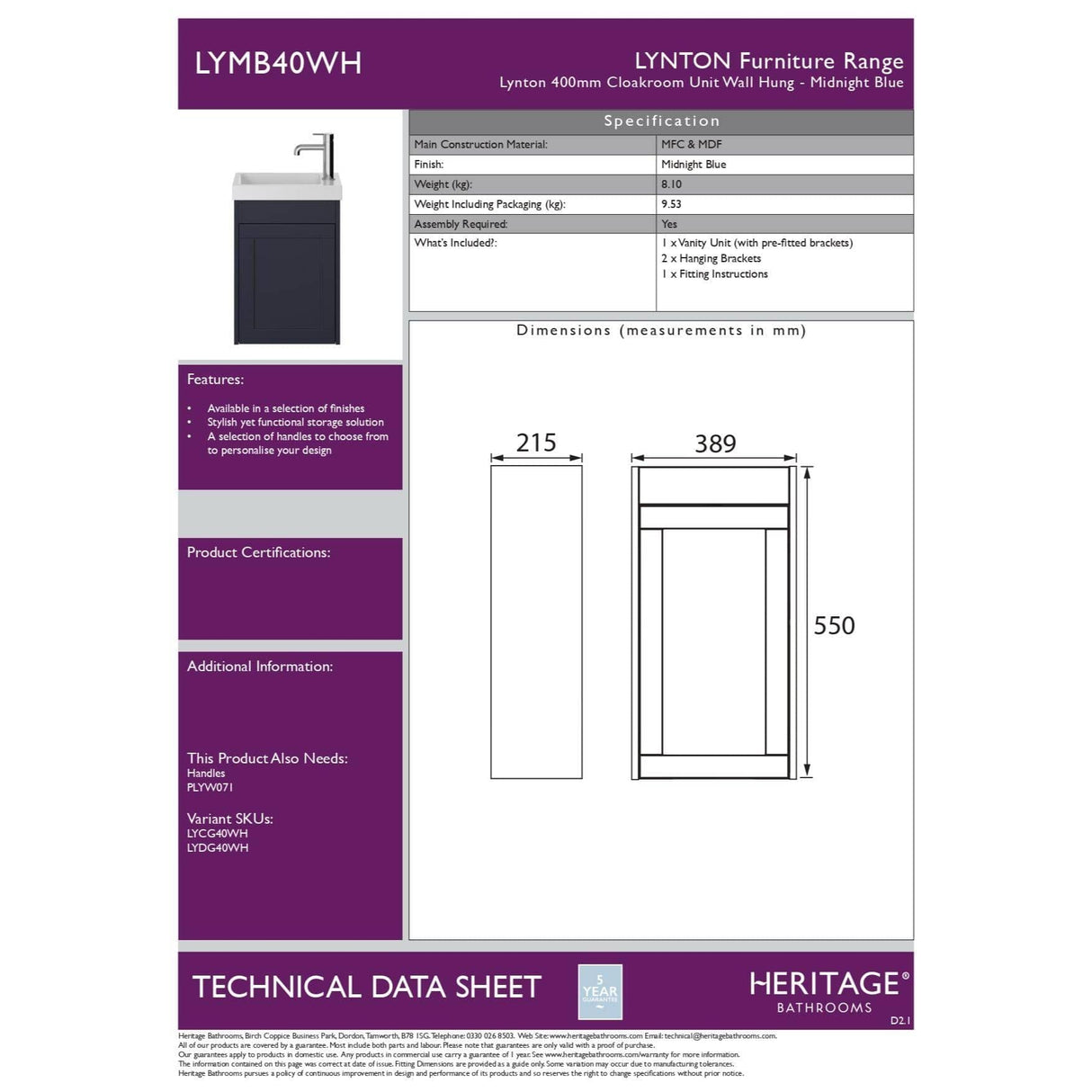 Heritage Cloakroom Vanity Unit Heritage Lynton 400mm Cloakroom Wall Mounted Vanity Unit with 1 Tap Hole Basin