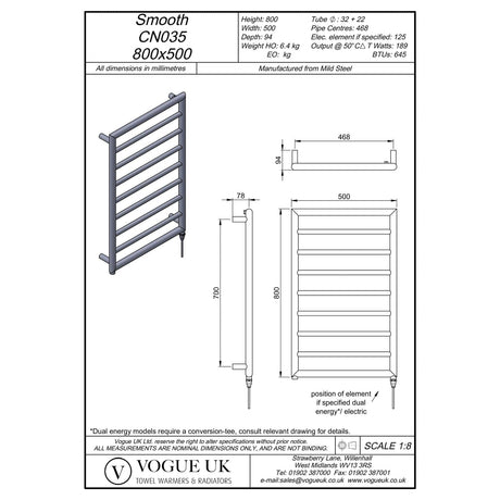 Vogue Designer Towel Radiator 800 x 500 / Electric Only Vogue Smooth Straight Vertical Designer Towel Rail in Chrome