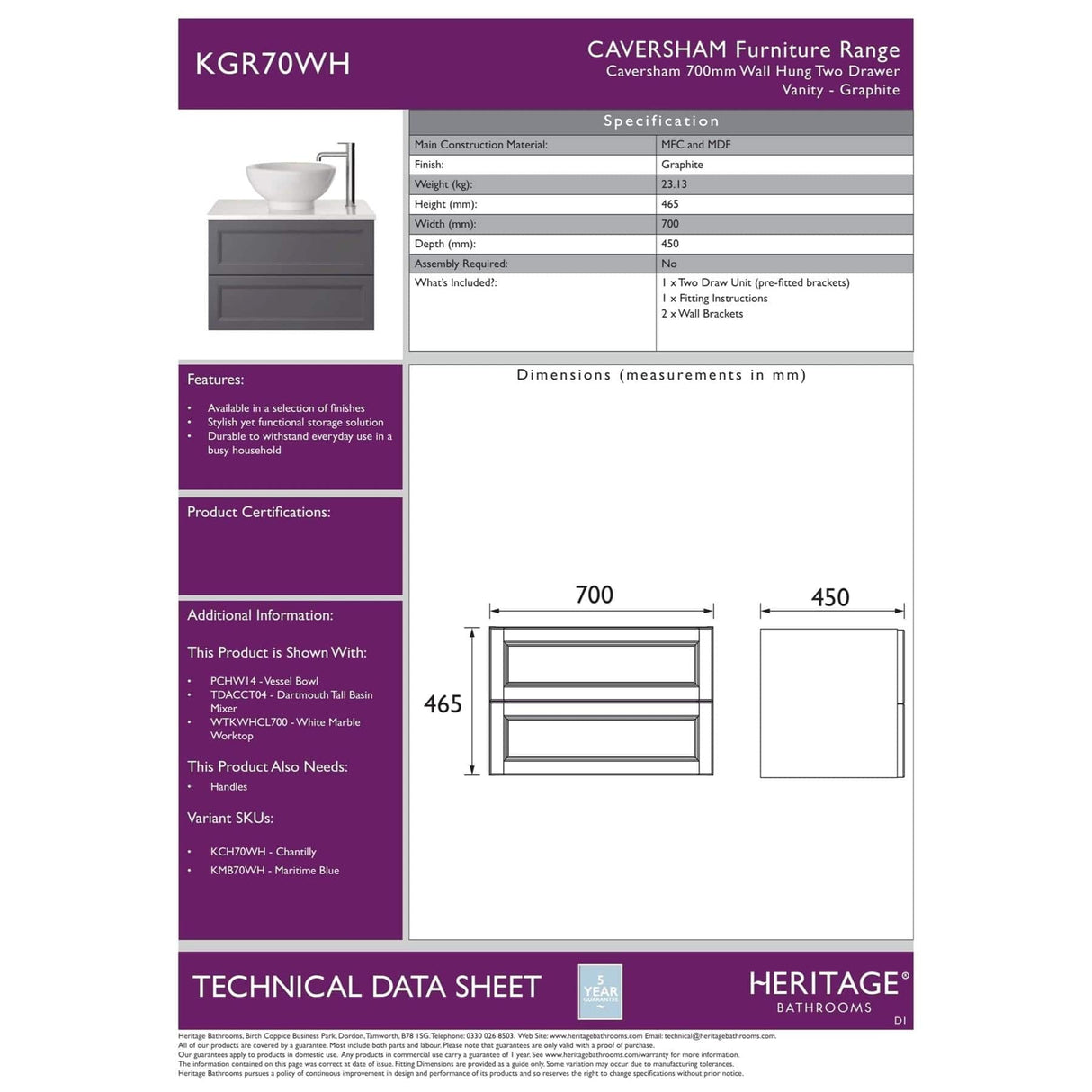 Heritage Wall Mounted Vanity Unit Heritage Caversham Wall Mounted Vanity Unit with Basin or Worktop - 700mm - Two Drawer