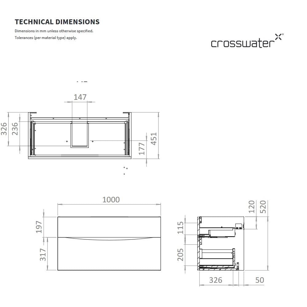 Crosswater Wall Mounted Vanity Unit Crosswater Glide II Wall Mounted Two Drawer Vanity Unit with Worktop