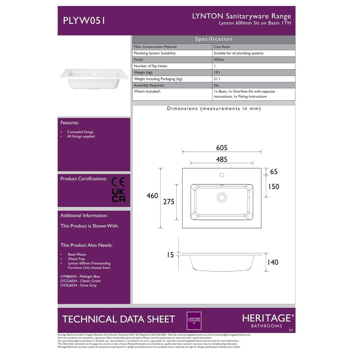 Heritage Floor Standing Vanity Unit Heritage Lynton 600mm Floor Standing Vanity Unit with Basin