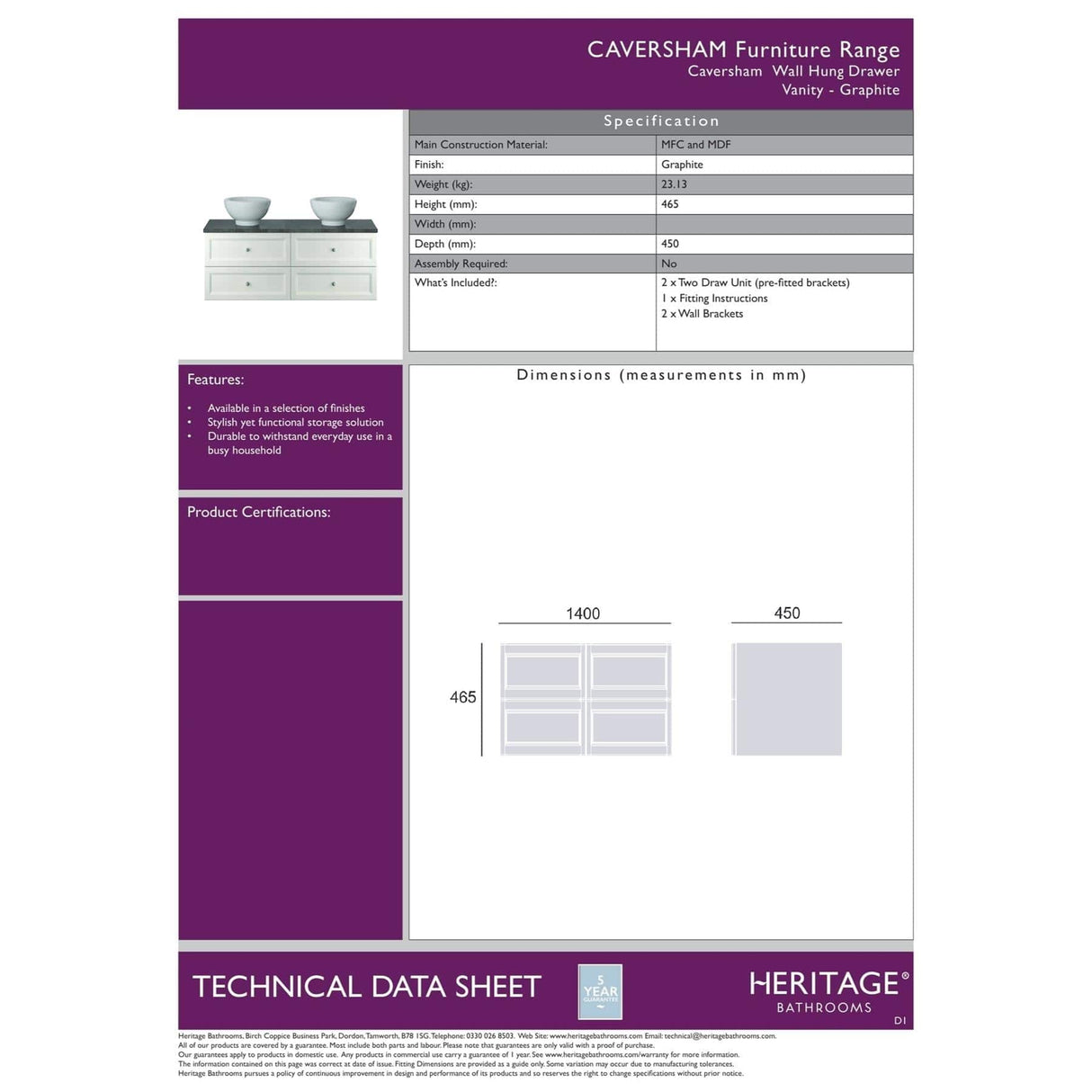 Heritage Wall Mounted Vanity Unit Graphite / Two Drawer Heritage Caversham Wall Mounted Vanity Unit with Worktop - 1400mm