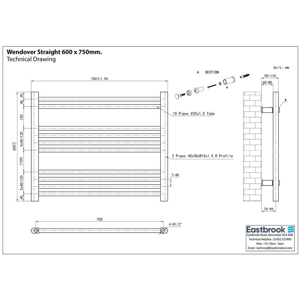 Eastbrook Wendover Straight Vertical Heated Towel Rail in Matt Black