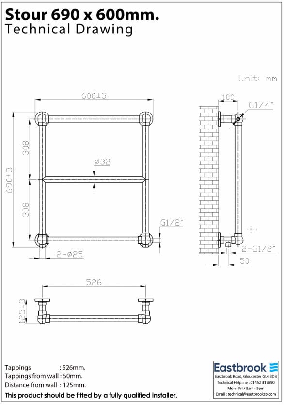 Eastbrook Traditional Towel Rail Eastbrook Stour Vertical Traditional Heated Towel Rail in Brushed Brass
