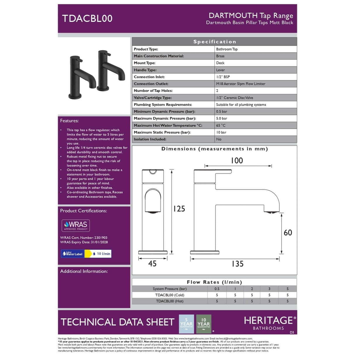 Heritage Pillar Basin Tap Heritage Dartmouth Basin Pillar Taps (Pair)