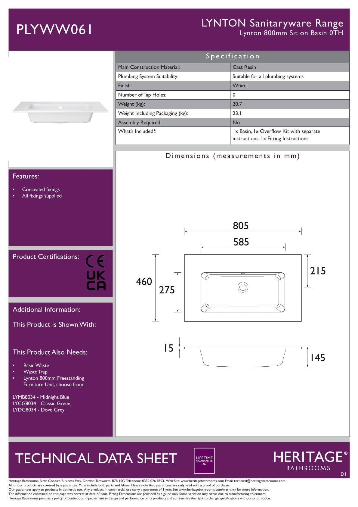 Heritage Wall Mounted Vanity Unit Heritage Lynton 800mm Wall Mounted Vanity Unit with Basin