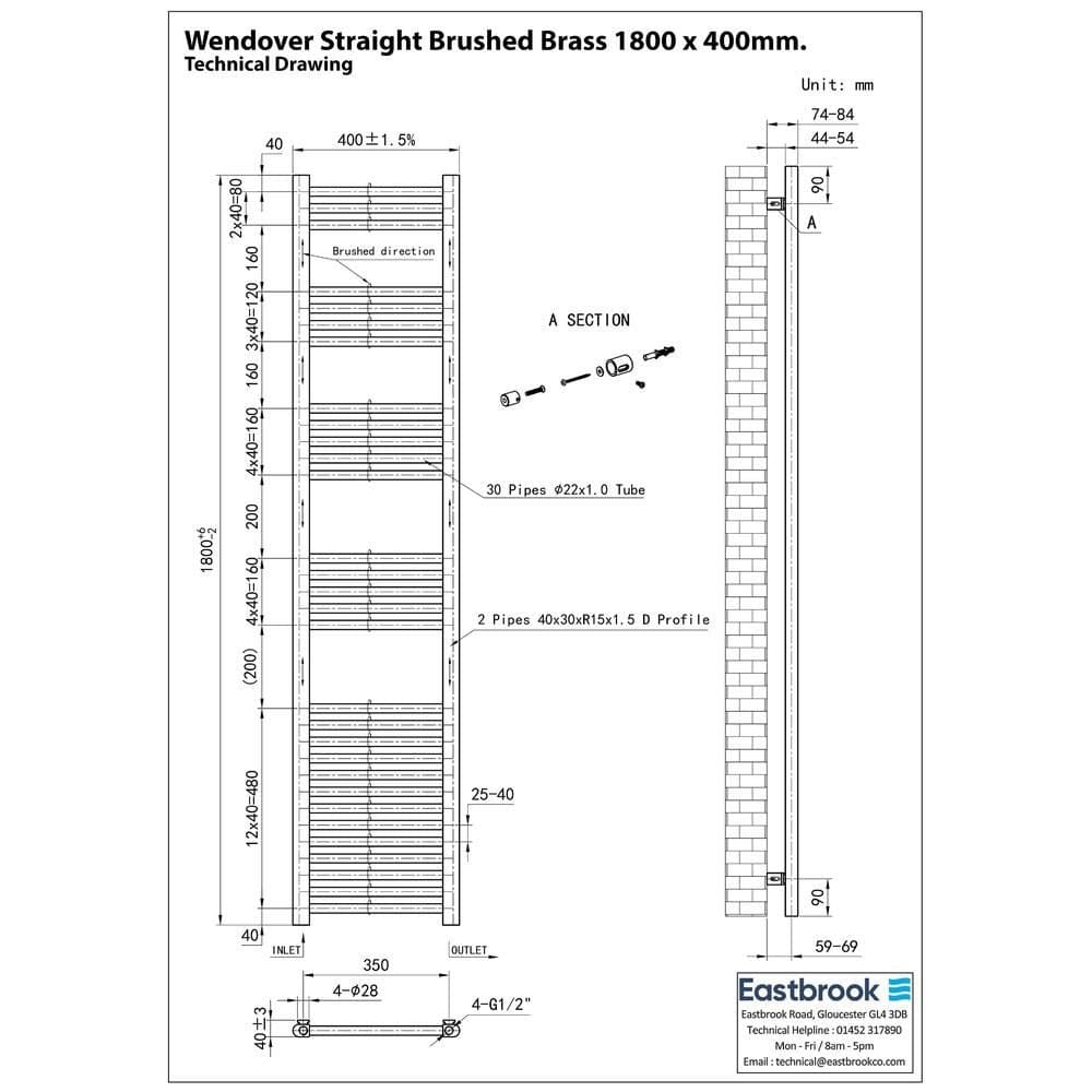 Eastbrook Ladder Rail Eastbrook Wendover Straight Heated Towel Rail in Brushed Brass