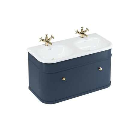 Burlington Double Sink Vanity Unit Blue / Natural Stone Roll Top Basin - 1 Tap Hole / Gold Burlington Chalfont 1000mm Wall Mounted Single Drawer Vanity Unit with Double Basin