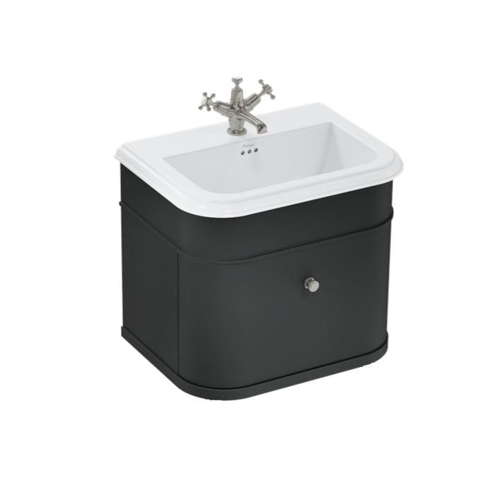 Burlington Wall Mounted Vanity Unit Matt Black / Ceramic Basin - 3 Tap Hole / Brushed Nickel Burlington Chalfont 650mm Wall Mounted Single Drawer Vanity Unit with Basin
