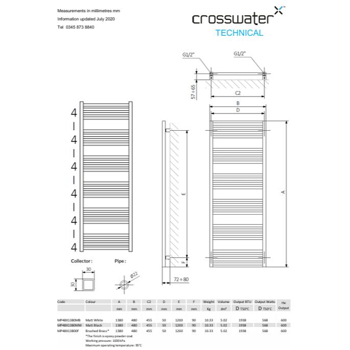 Crosswater Ladder Rail Crosswater MPRO Designer Vertical Towel Radiator in Brushed Brass