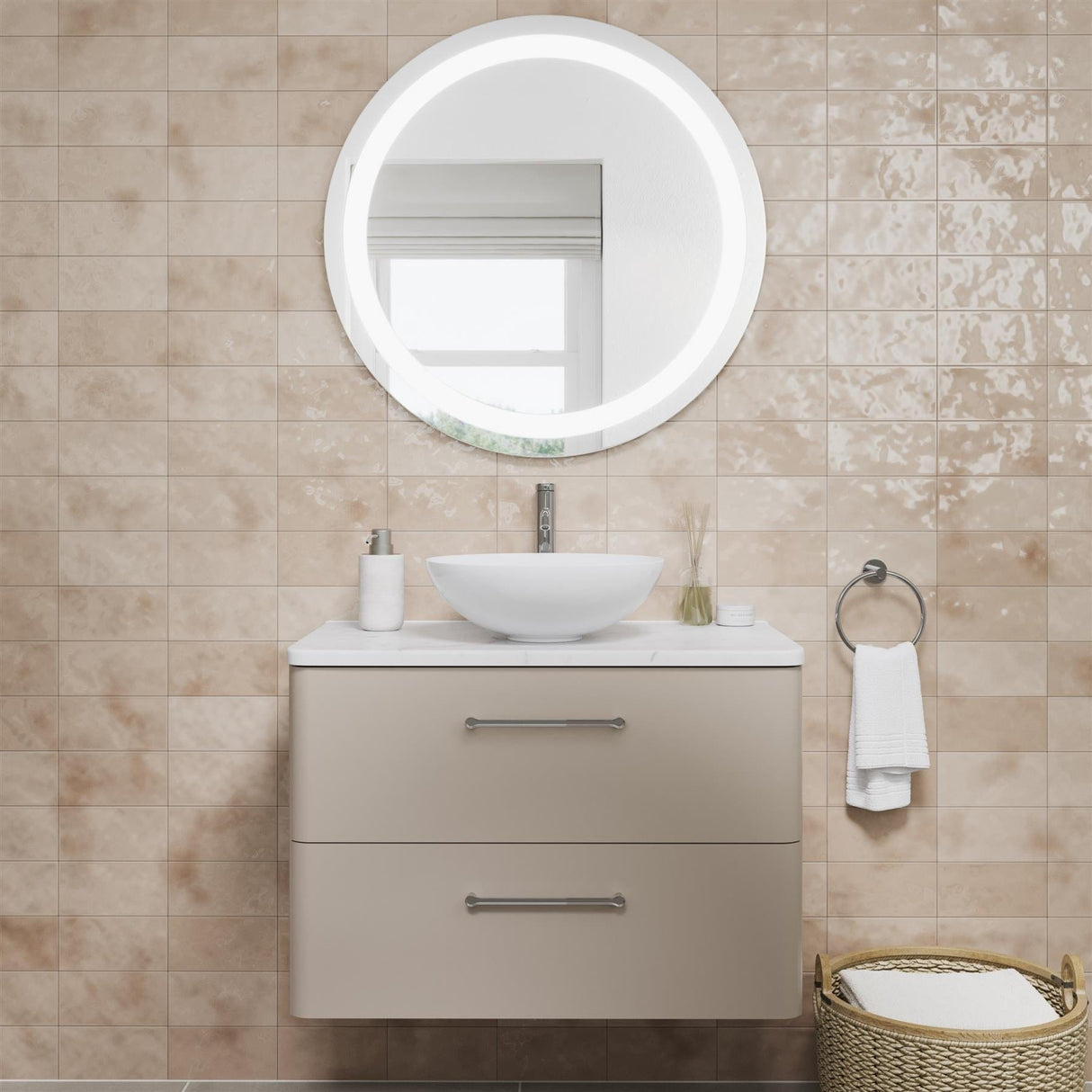 Britton Wall Mounted Vanity Unit Warm Beige / Carrara Marble Effect Worktop / Chrome Britton Camberwell Wall Mounted 800mm Vanity Unit with Basin or Worktop
