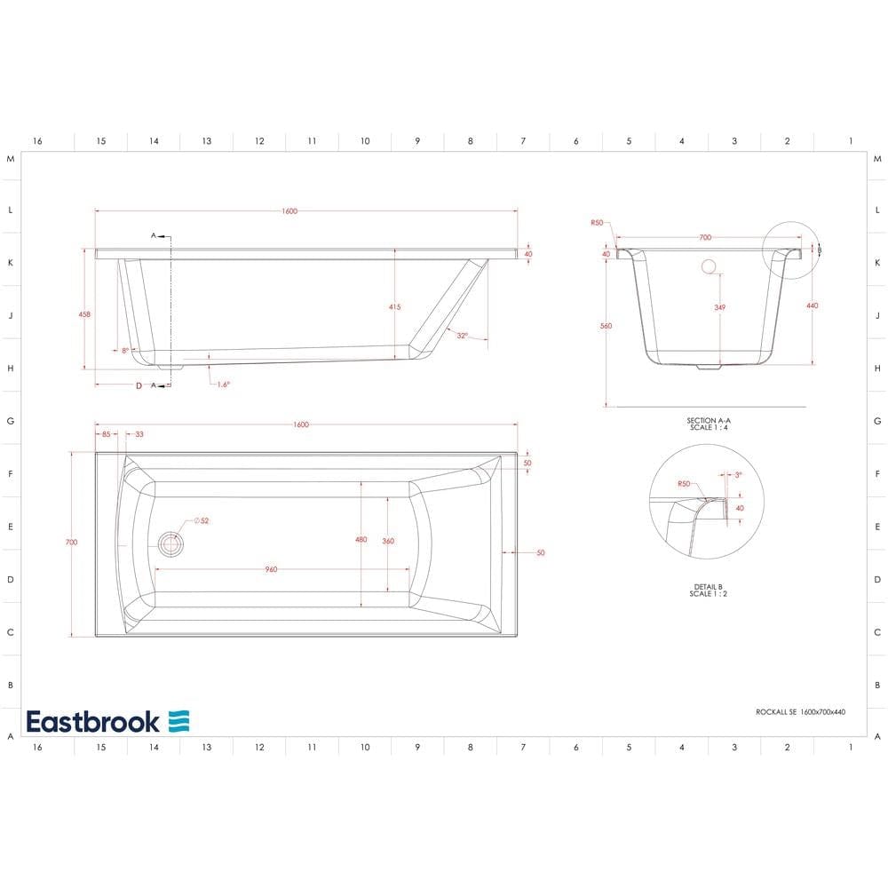 Eastbrook Single Ended Bath 1600 x 700mm / 5mm Eastbrook Rockall Single Ended Bath