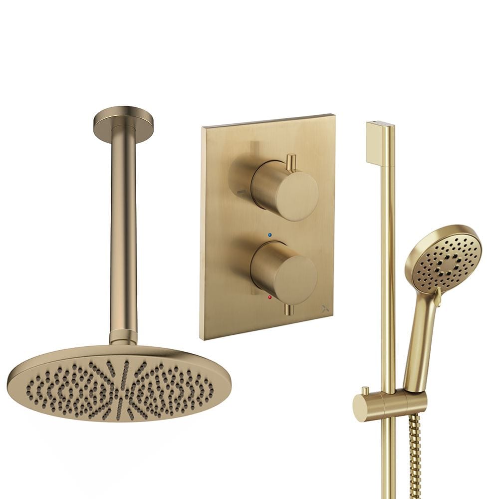UK Bathroom Store Concealed Shower Set Brushed Brass / Ceiling Arm / 300mm Crosswater Crossbox Shower Set 4 - 2 Outlet with Riser Rail Kit and Fixed Overhead Showerhead