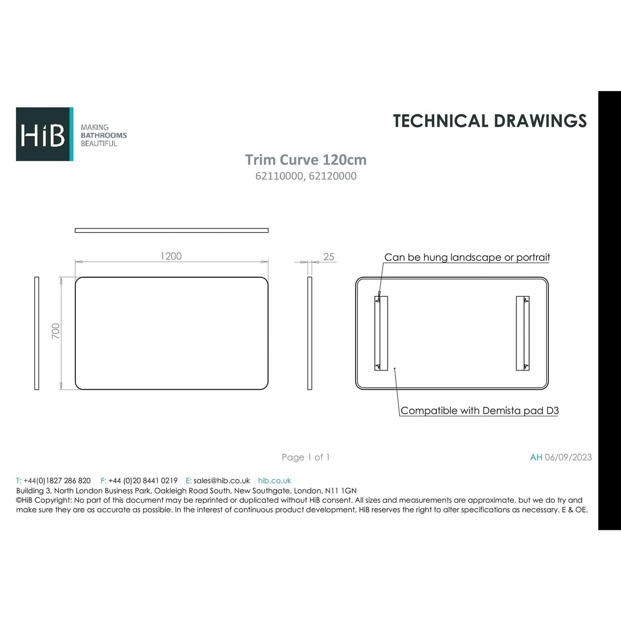 HiB Standard Mirror 1200 x 700mm / Brushed Brass HiB Trim Curve Bathroom Mirror