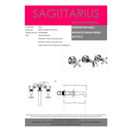 Sagittarius Wall Mounted Basin Tap Sagittarius Kensington 3 Hole Wall Mounted Basin Mixer Tap in Chrome/White