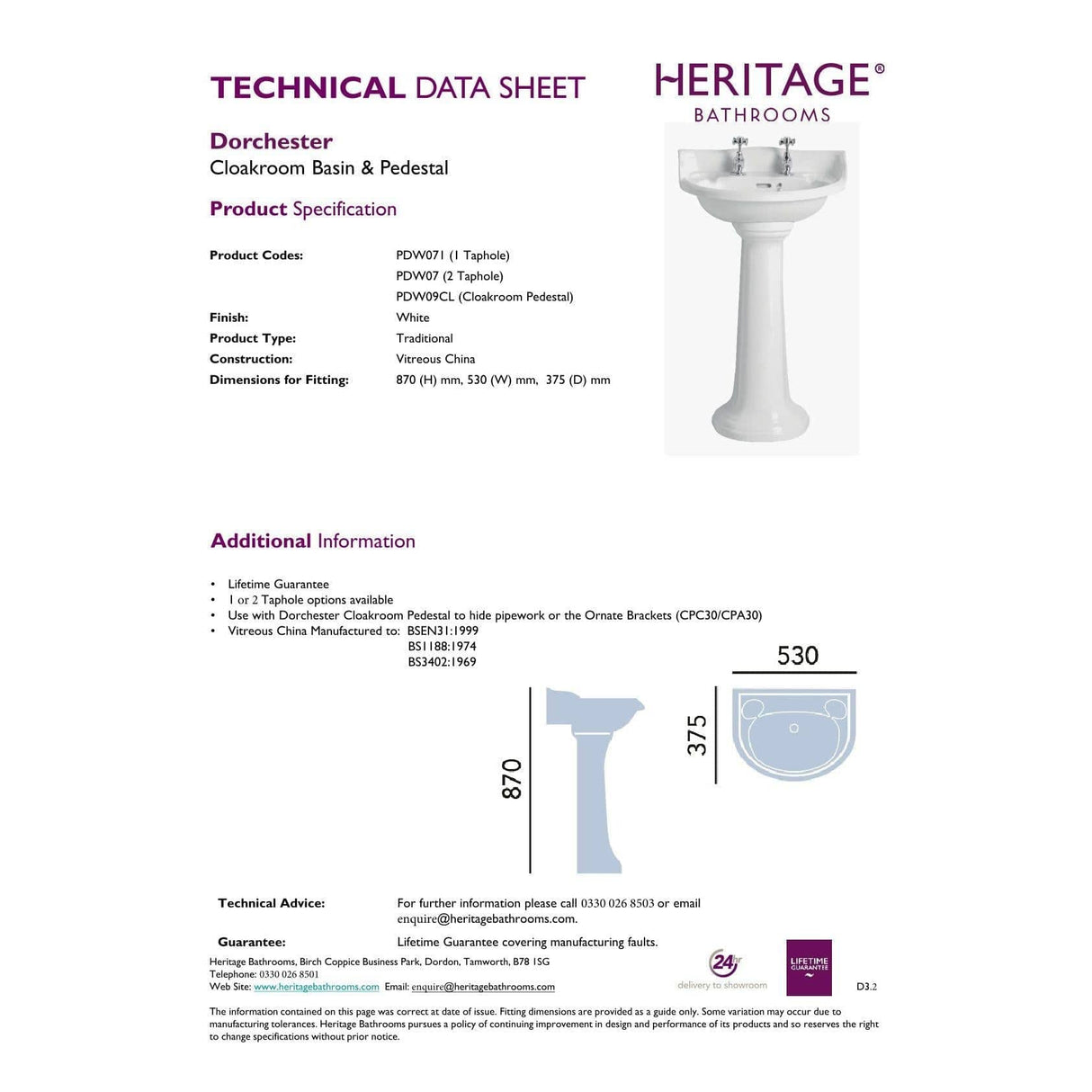 Heritage Pedestal Basin Heritage Dorchester Cloakroom Basin with Pedestal
