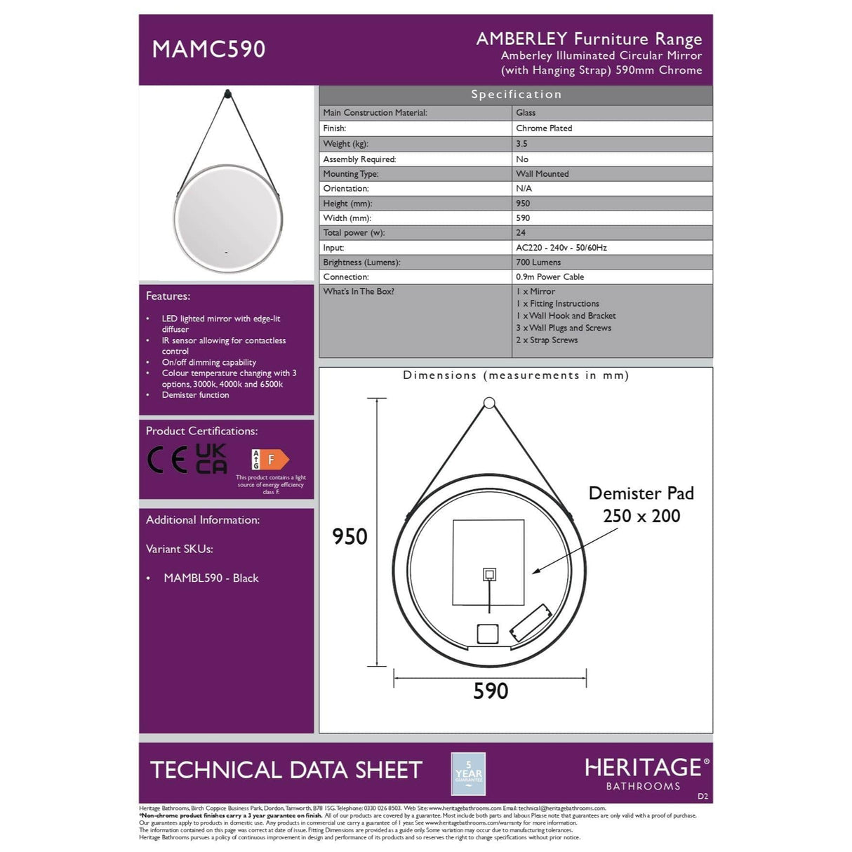 Heritage Illuminated Mirror Heritage Amberley illuminated Circular Mirror with Demister and Hanging Strap