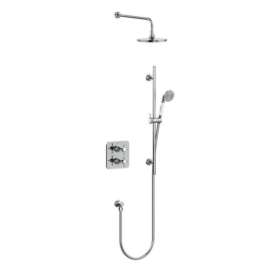Burlington Concealed Shower Set Chrome Burlington Guild Square 1 Outlet, 2 Handle Concealed Thermostatic Shower Valve with Fixed Shower Arm & Head, Rail, Hose, Handset & Outlet Elbow