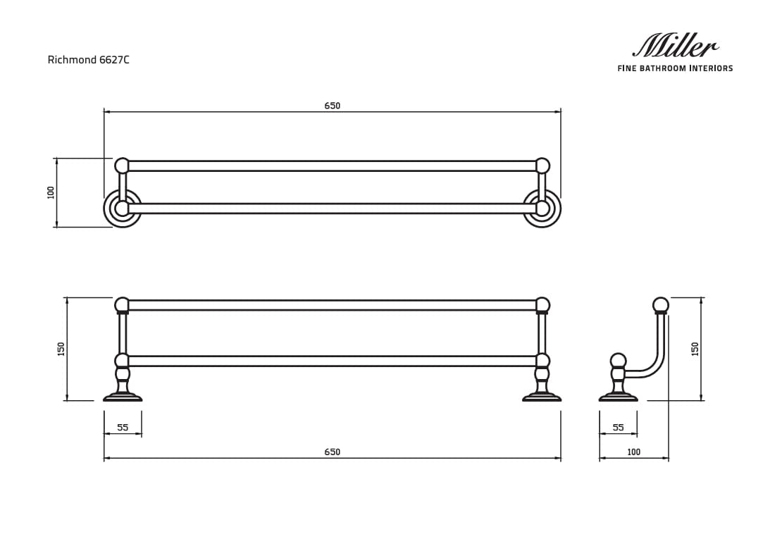 Miller Towel Rails and Rings Miller Richmond 650mm Double Towel Rail in Chrome
