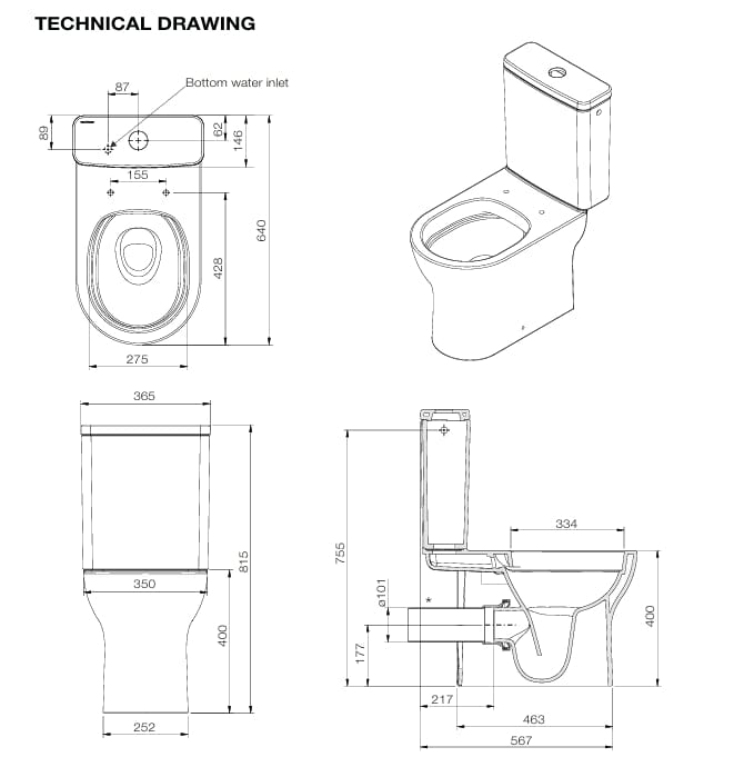 Tissino Close Coupled Toilet Tissino Nerola Rimless Closed Coupled Open Back Toilet with Soft Close Wrapover Seat