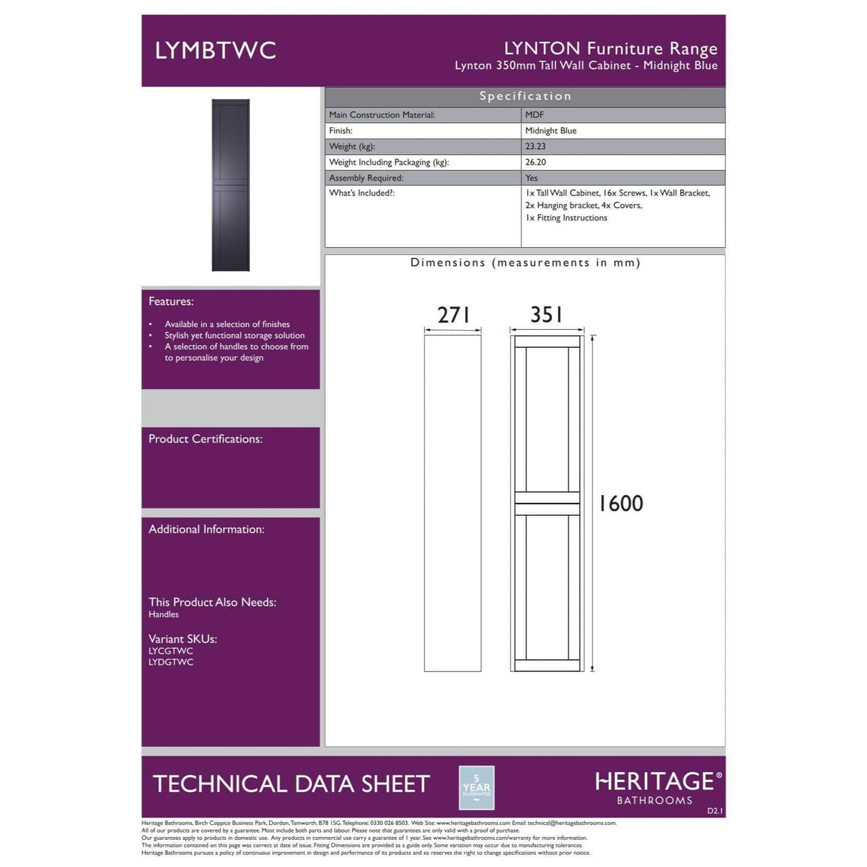 Heritage Storage Unit Heritage Lynton Wall Mounted Tall Cabinet 350mm Wide
