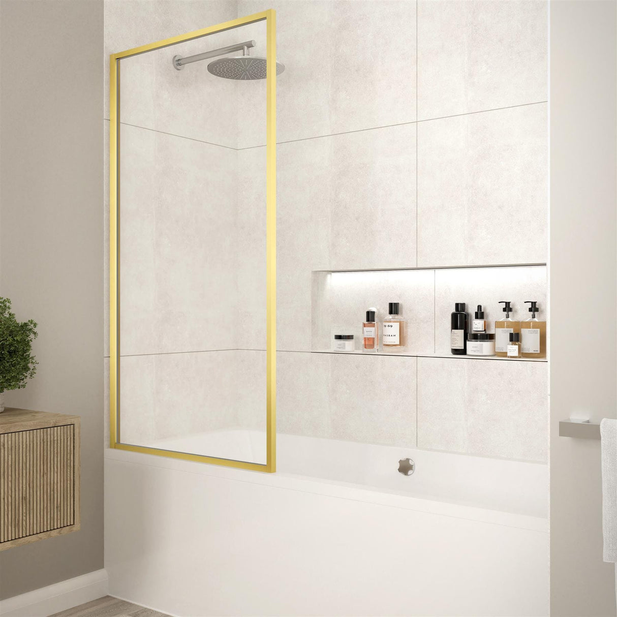 Merlyn Bath Screen Brushed Brass Merlyn 8mm Fixed Framed Single Square Bath Screen