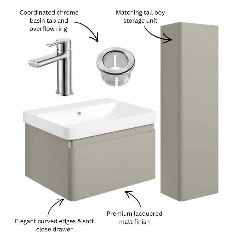 Aquarius Bathrooms Wall Mounted Vanity Unit Aquarius Sophie 605mm Wall Hung Vanity Unit, Tall Boy Storage Unit, Tap and Fittings Bundle