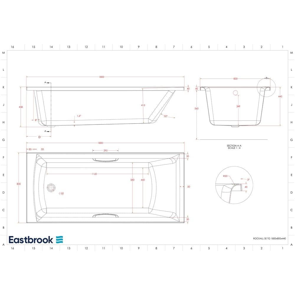 Eastbrook Single Ended Bath 1800 x 800mm / Reinforced Eastbrook Rockall Single Ended Bath with Twin Grips