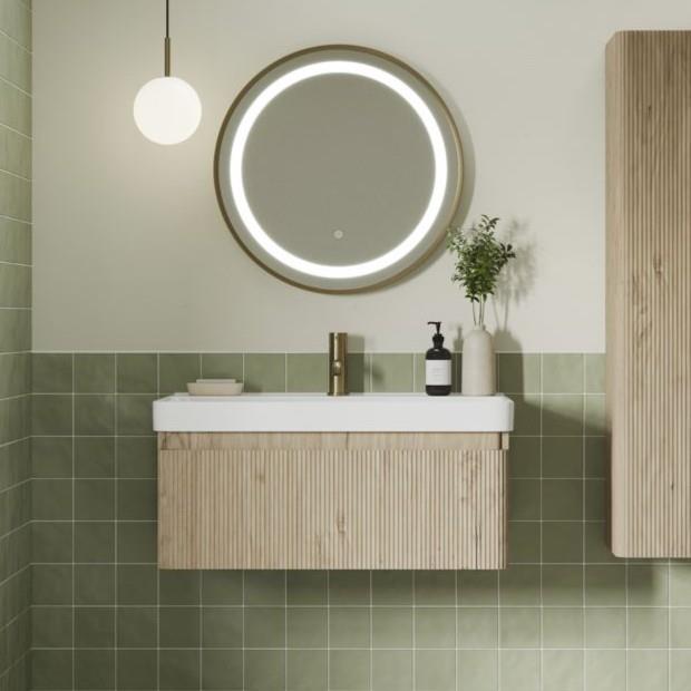 Aquarius Corinthe Fluted Wall Mounted One Drawer Vanity Unit with Basin in Textured Oak