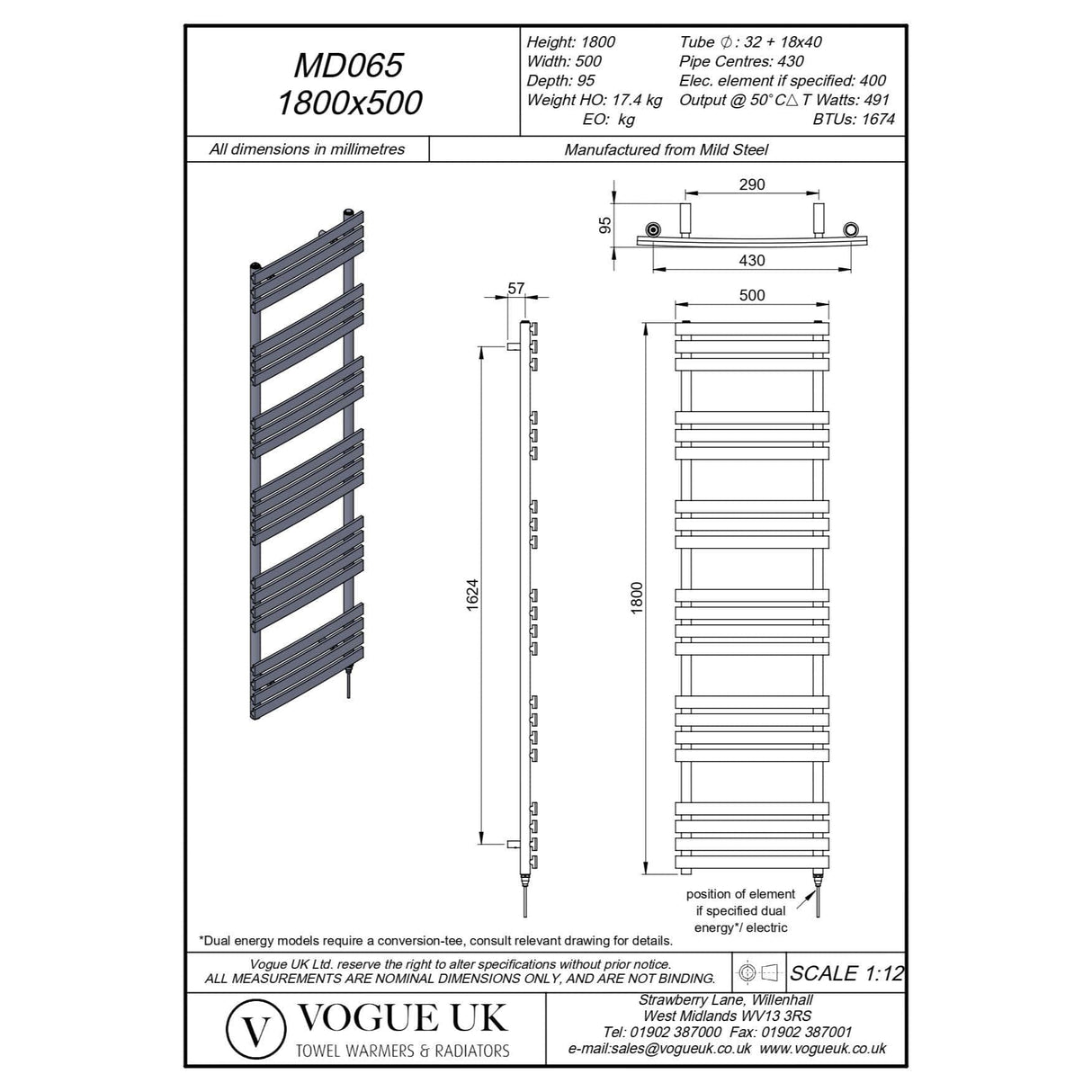 Vogue Designer Towel Radiator 1800 x 500 / Electric Only Vogue Arc Designer Towel Radiator in Chrome