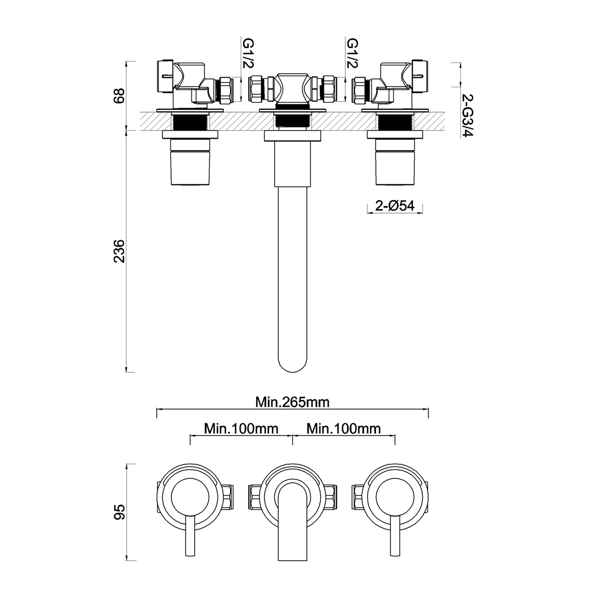 Crosswater Fusion 3 Hole Wall Mounted Bath Filler Tap in Chrome