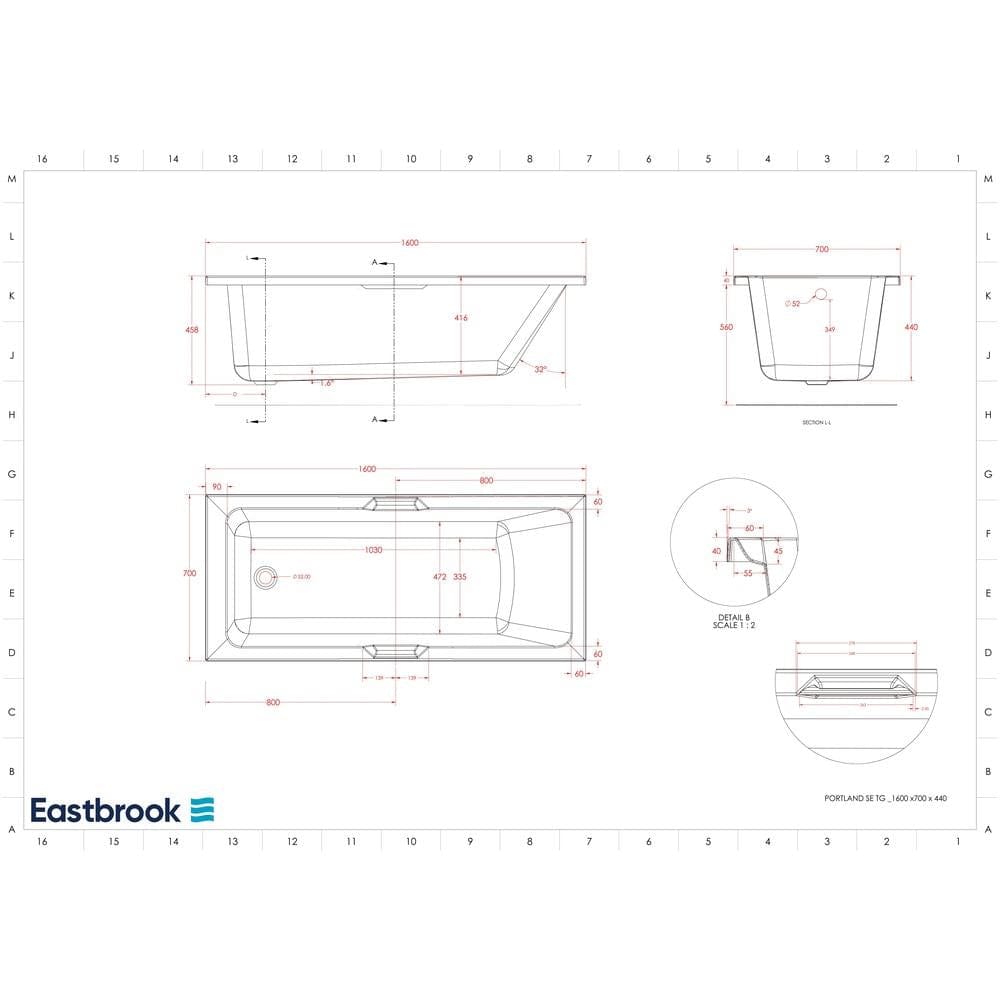 Eastbrook Single Ended Bath 1600 x 700mm / 5mm Eastbrook Portland Single Ended Bath with Twin Grips