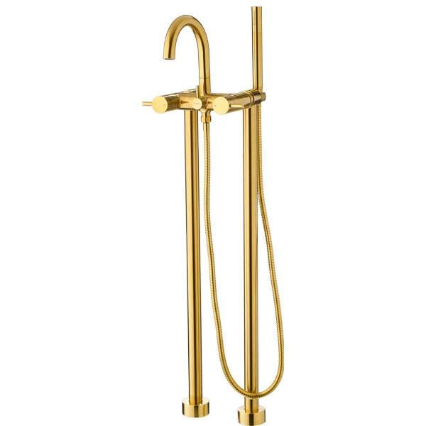Flova Freestanding Bath Filler Brushed Gold Flova Levo Floor Standing Bath and Shower Mixer Tap with Shower Set