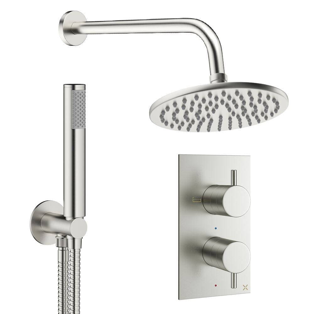 Crosswater Concealed Shower Set Brushed Nickel / Wall Arm / 200mm Crosswater Design 2 Handle 2 Outlet Thermostatic Shower Set with Rainfall Head and Pencil Handset