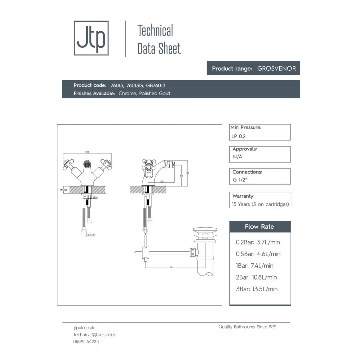 JTP Bidet Tap JTP Grosvenor Cross Bidet Mixer Tap with Pop-Up Waste