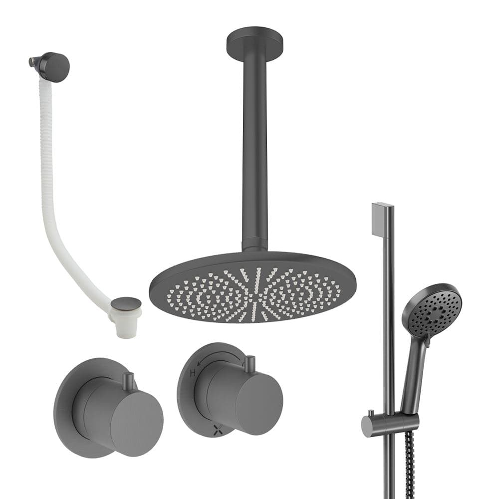 UK Bathroom Store Concealed Shower Set Slate / Ceiling Arm / 300mm Crosswater Module Shower Set 7 - 3 Outlet with Riser Rail Kit, Overhead Shower and Overflow Bath Filler