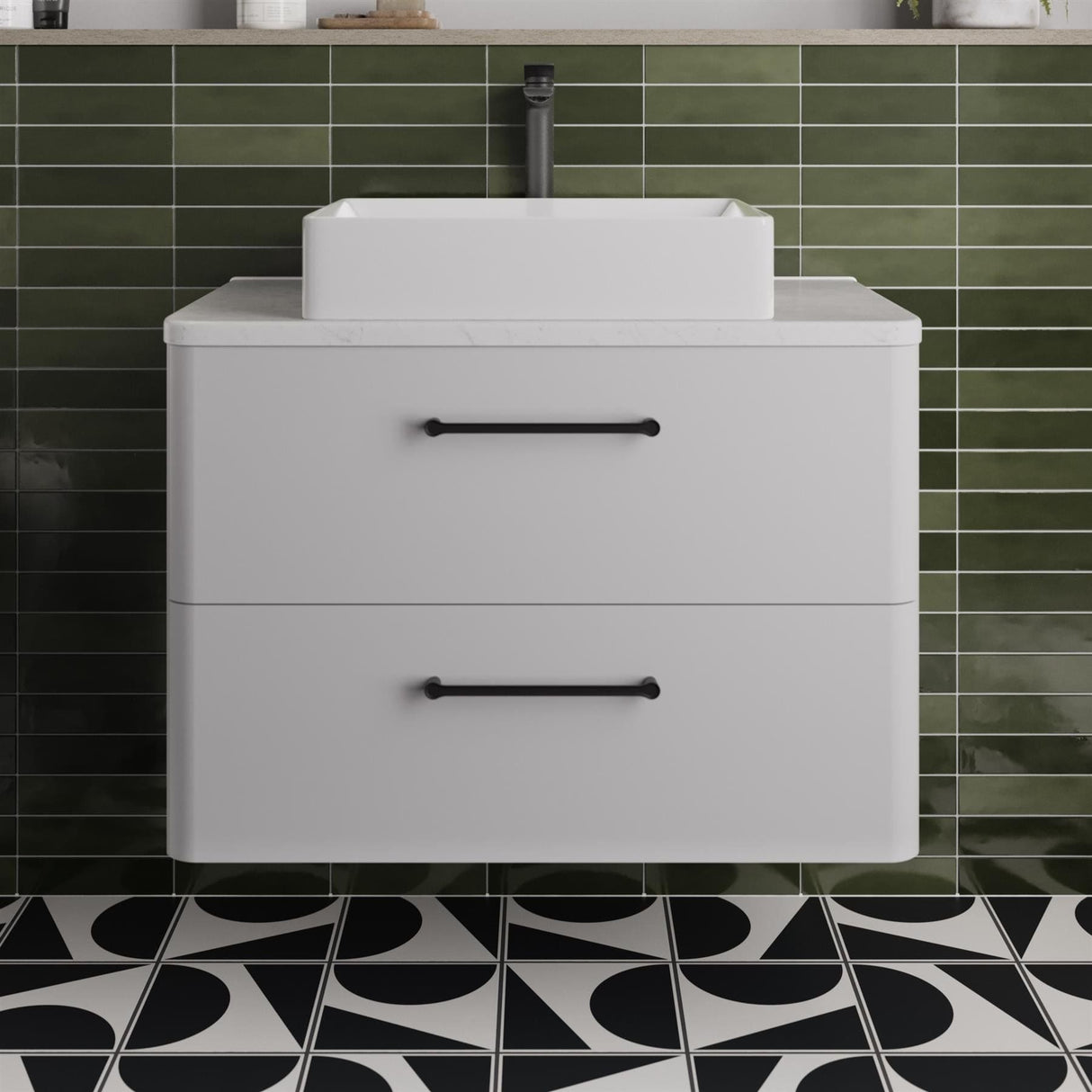 Britton Wall Mounted Vanity Unit Frosted White / Carrara Marble Effect Worktop / Matt Black Britton Camberwell Wall Mounted 800mm Vanity Unit with Basin or Worktop