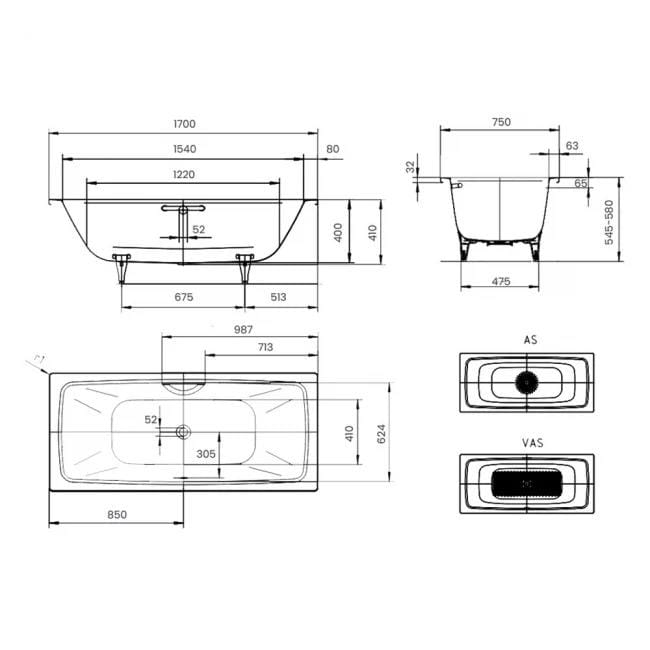 Kaldewei Double Ended Bath 1700mm x 750mm Kaldewei Cayono Duo Double Ended Steel Bath with Leg Set