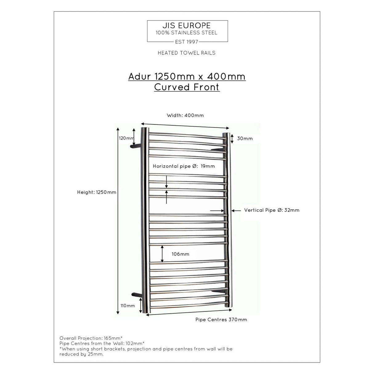 JIS Ladder Rail JIS Sussex Adur Vertical Stainless Steel Curved Heated Towel Rail
