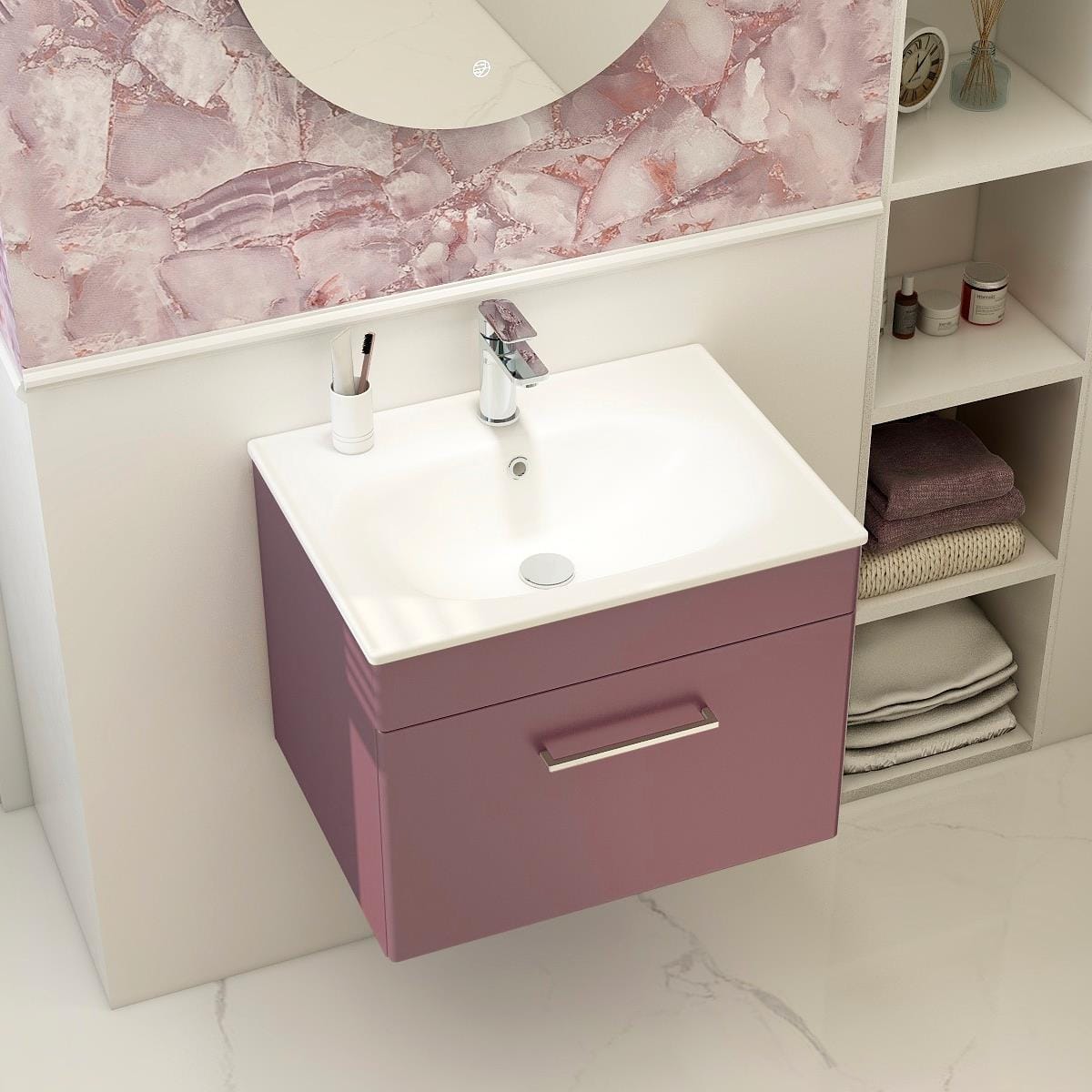 Imex Wall Mounted Vanity Unit Plum / White Imex Croma Wall Mounted Single Drawer 600mm Vanity Unit with 1 Tap Hole Basin