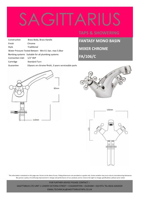 Sagittarius Mono Basin Tap Sagittarius Fantasy Mono Basin Mixer Tap with Pop Up Waste - Chrome - FA106C