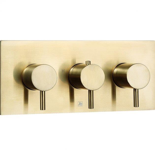JTP Concealed Shower Valve Brushed Brass JTP VOS 2 Outlet, 3 Handle, Horizontal Concealed Thermostatic Shower Valve