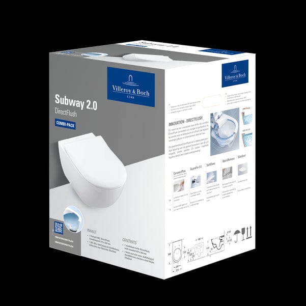 Villeroy & Boch Wall Hung Toilet Villeroy & Boch Subway 2.0 Combi-Pack Wall Hung DirectFlush Rimless Toilet with Slimline Soft Close Seat in White Alpin