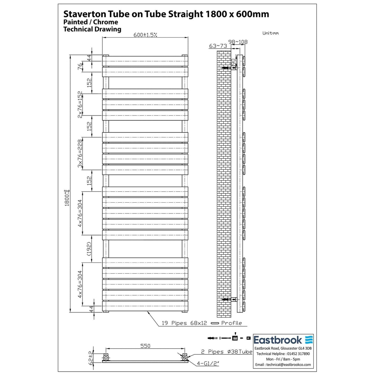 Eastbrook Eastbrook Staverton Tube on Tube Vertical Straight Heated Towel Rail - 1800mm x 600mm in Chrome