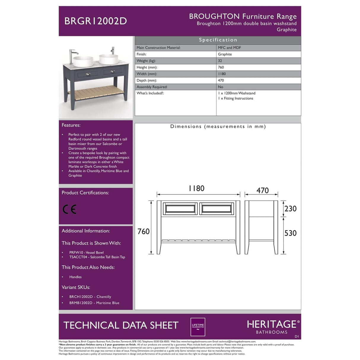 Heritage Floor Standing Vanity Unit Graphite / 1200mm - 2 Drawer Heritage Broughton Washstand with Laminate Worktop