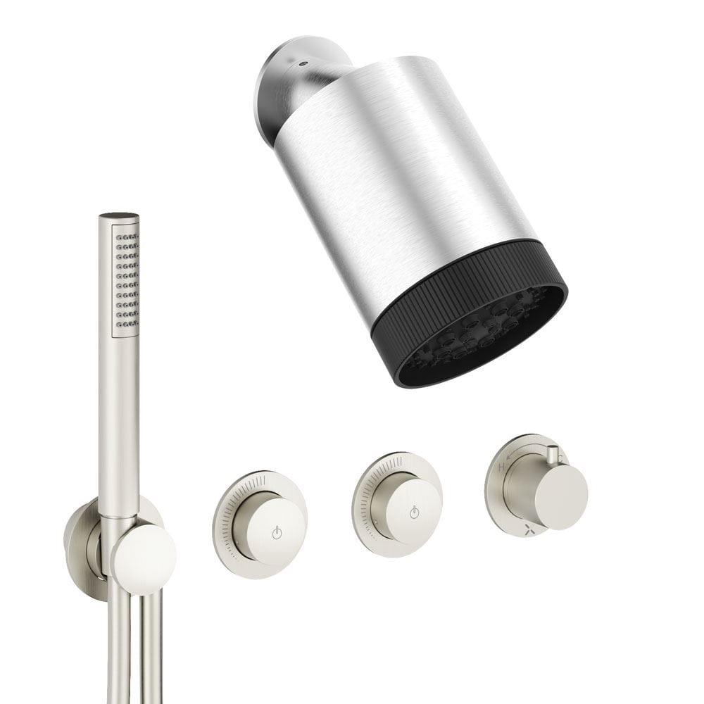 UK Bathroom Store Concealed Shower Set Brushed Nickel Crosswater Module Plus Push Shower Set 4 - 2 Outlet with Revive Multifunctional Spotlight Shower Head and Pencil Handset
